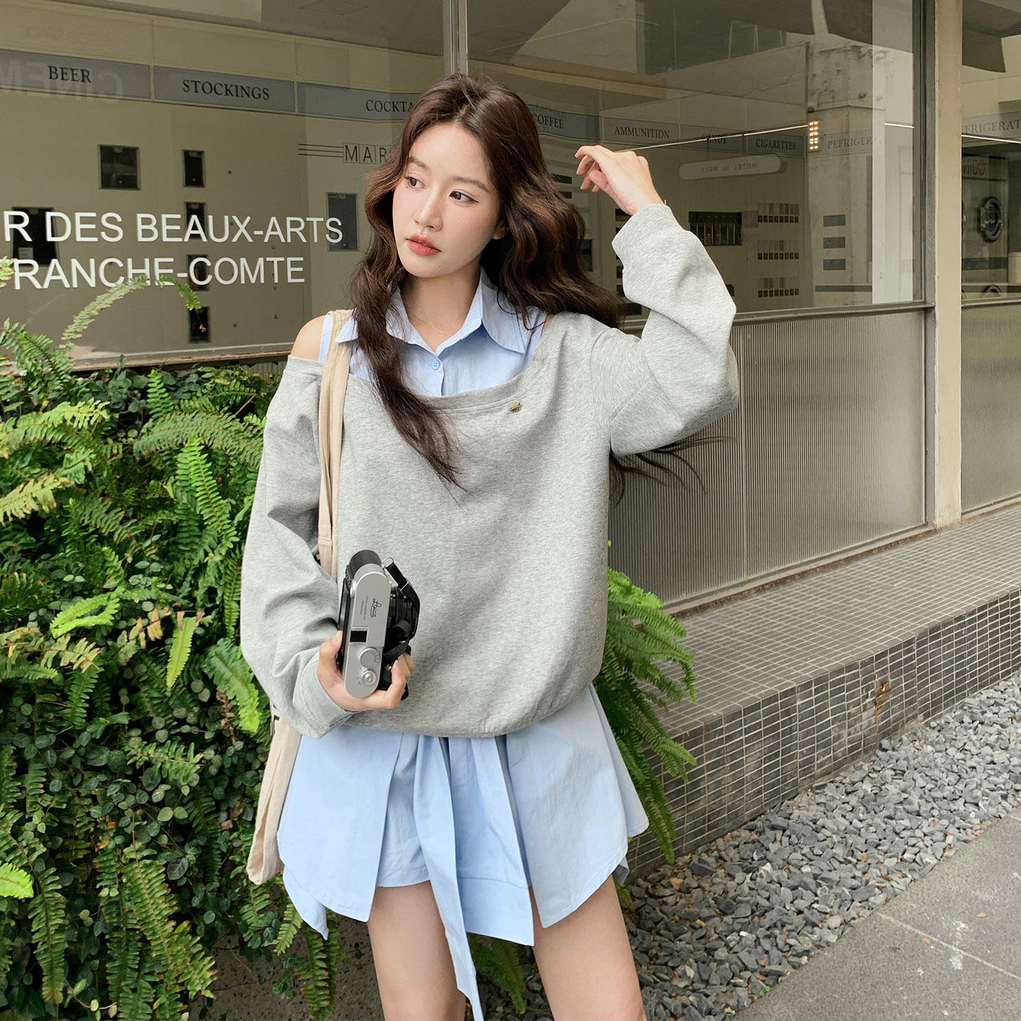 韩系小个子穿搭时尚卫衣套装女2026春新款撞色翻领上衣裙裤两件套