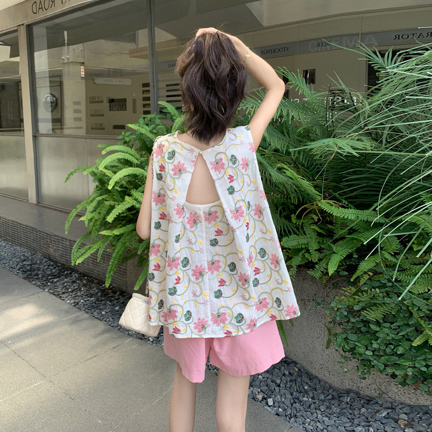 法式田园刺绣夏季无袖短裤套装