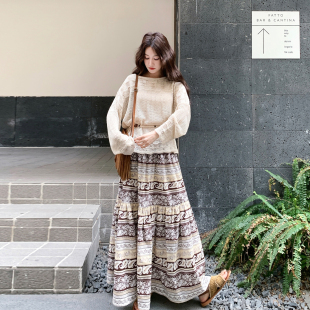 印花半身裙两件套 镂空针织罩衫 复古波西米亚风套装 女2026早春新款