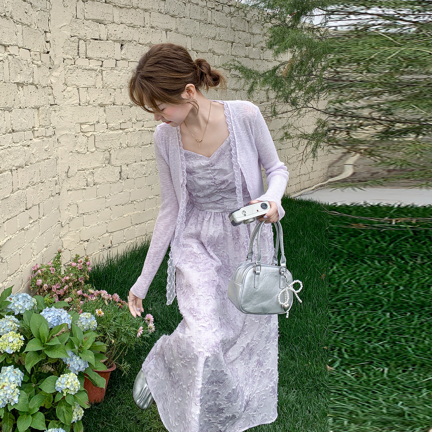 紫色绝美超好看慵懒风印花吊带连衣裙套装女2026春新款开衫两件套