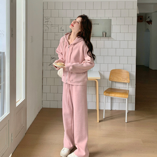 粉色学院风休闲运动套装女2026春季韩系减龄连帽卫衣阔腿裤两件套