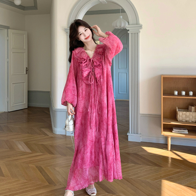 夏季度假风A字荷叶边长袖连衣裙