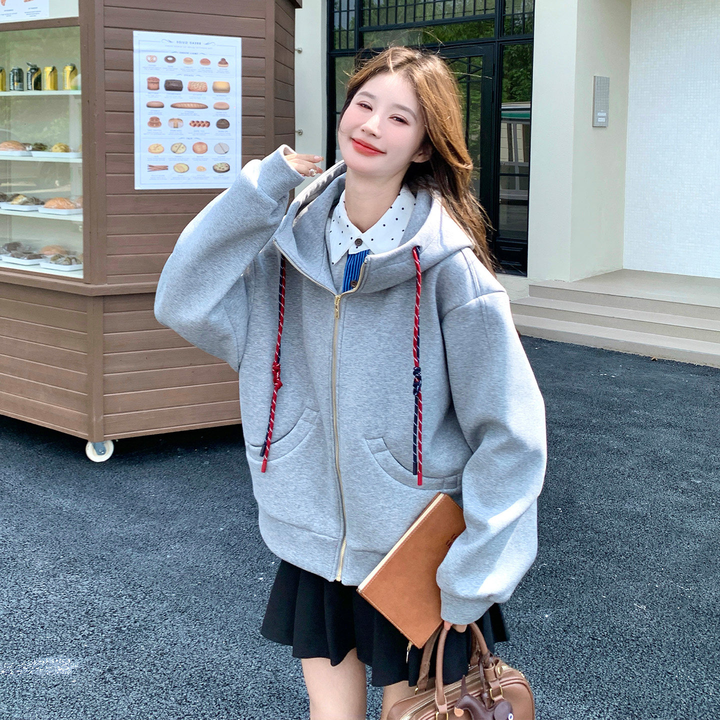 韩系慵懒风连帽卫衣女灰色拉链
