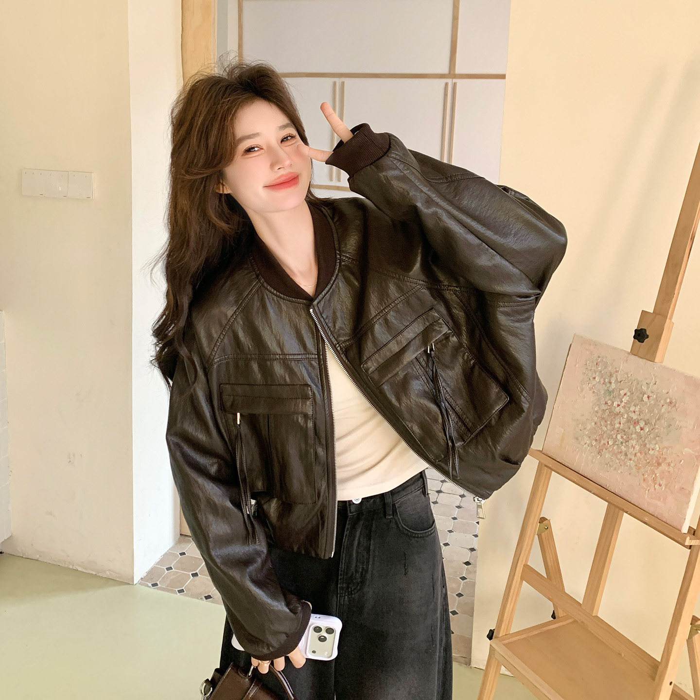 美式复古棒球领机车皮衣女短款