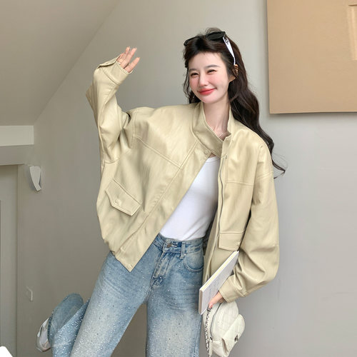 杏色随性慵懒风立领PU皮衣外套女2026秋季新款韩式休闲酷飒风夹克