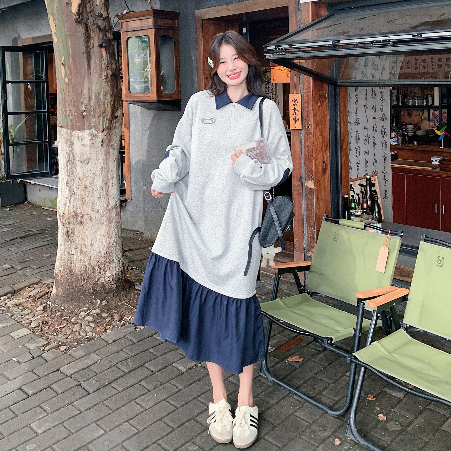 学院风POLO领撞色拼接卫衣裙女
