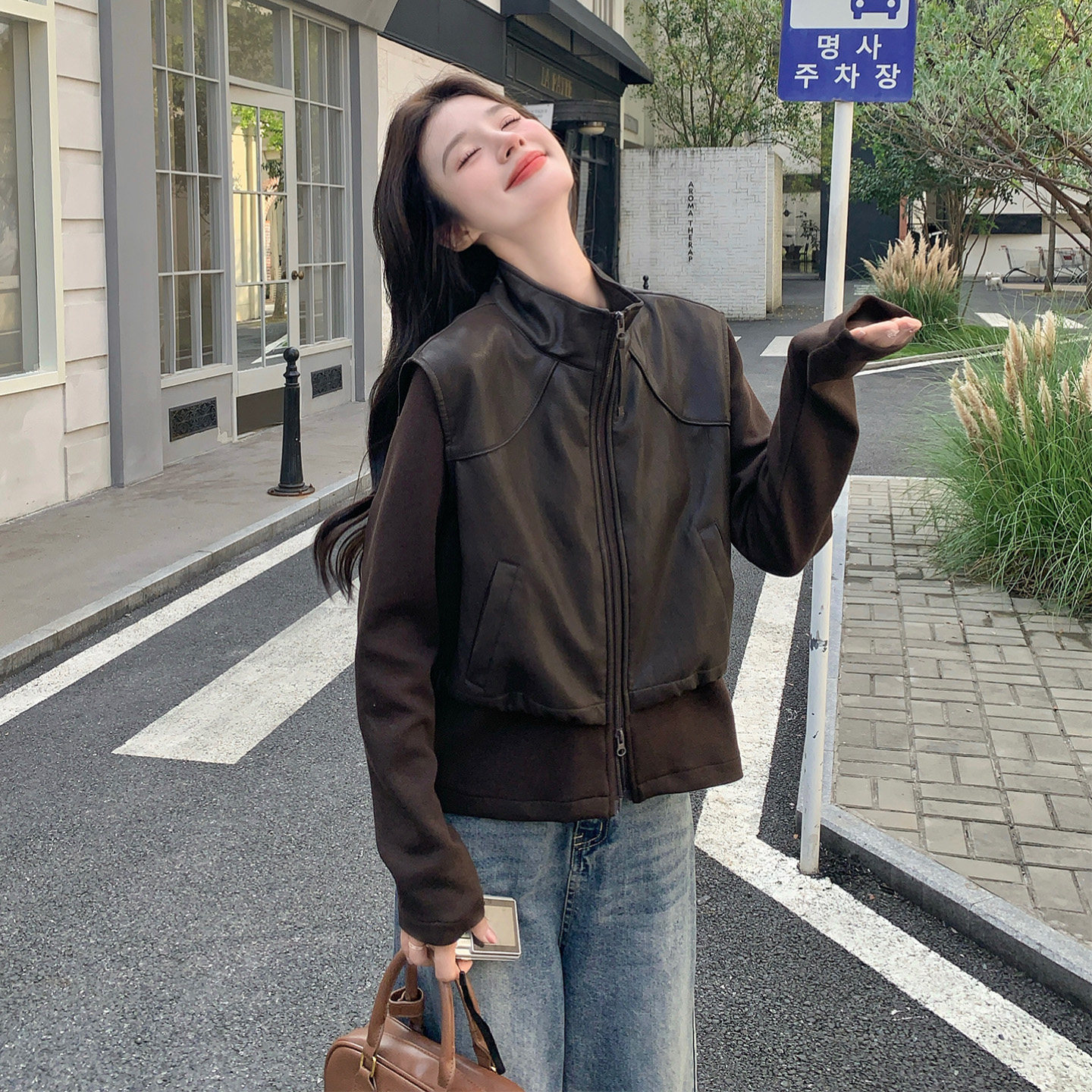 时尚立领假两件短款皮衣女
