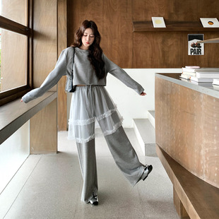 灰色韩系设计感卫衣套装2026春新款短款抽绳上衣网纱阔腿裤两件套