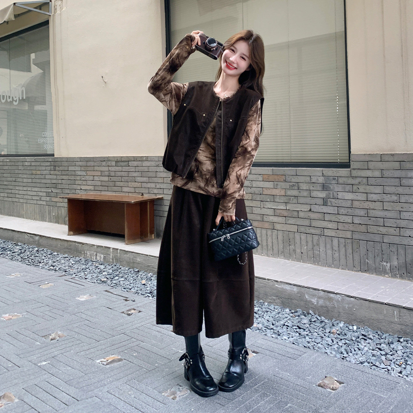 秋季复古马甲三件套女阔腿裤套装