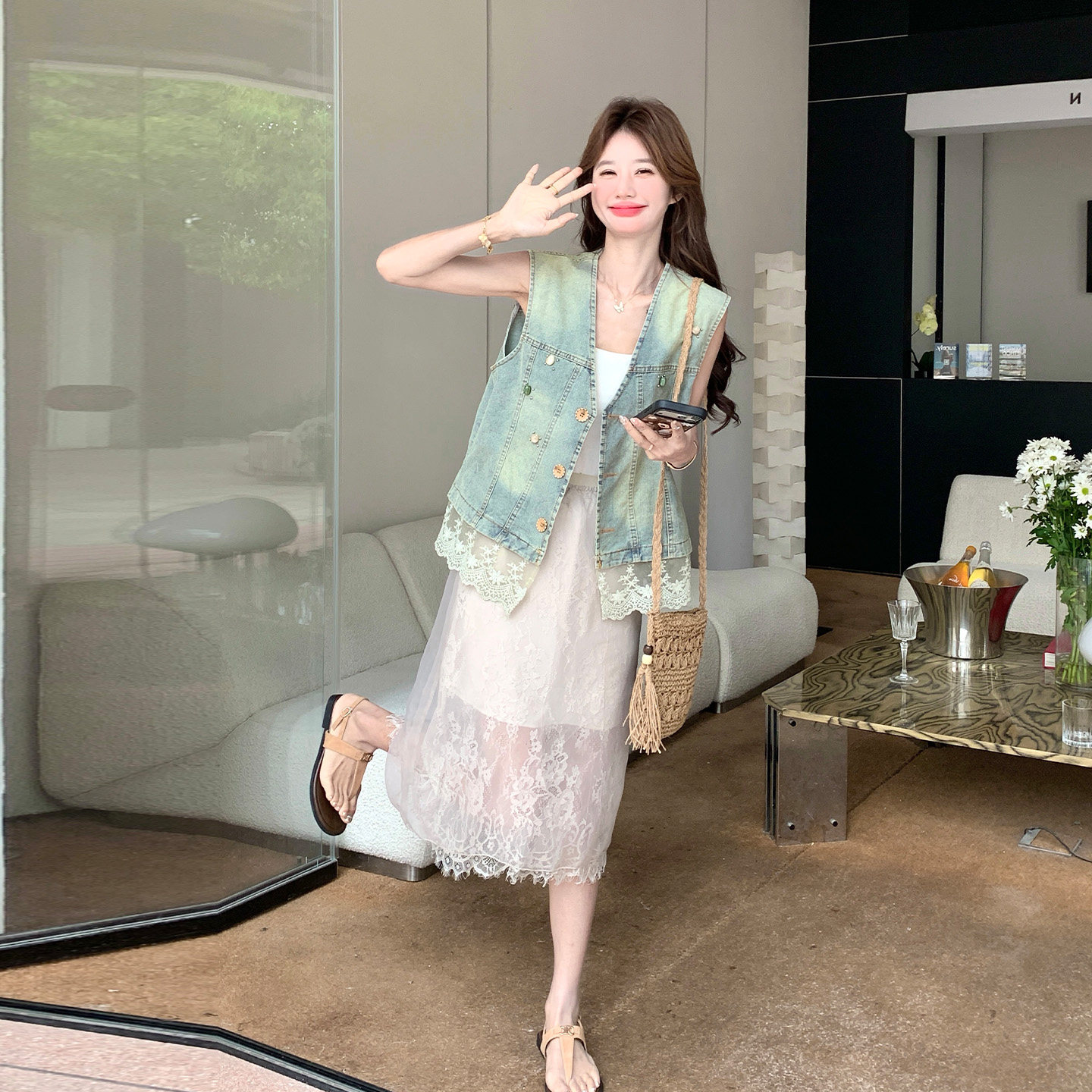 设计感小众牛仔马甲套装女夏