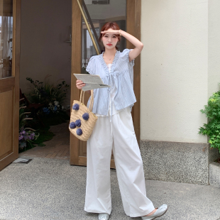 韩系清纯系松弛感套装女2026初夏新款假两件花边上衣阔腿裤两件套