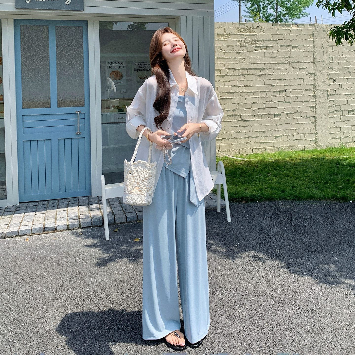 韩式随性松弛感夏日防晒衬衫套装设计感吊带阔腿裤三件套2026新款
