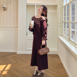 韩系复古慵懒风套装女2026初春新款格纹拼接露肩卫衣半身裙两件套