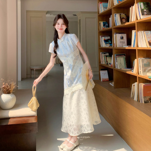 清冷感白月光新中式国风改良旗袍连衣裙女2026夏新款蕾丝拼接长裙