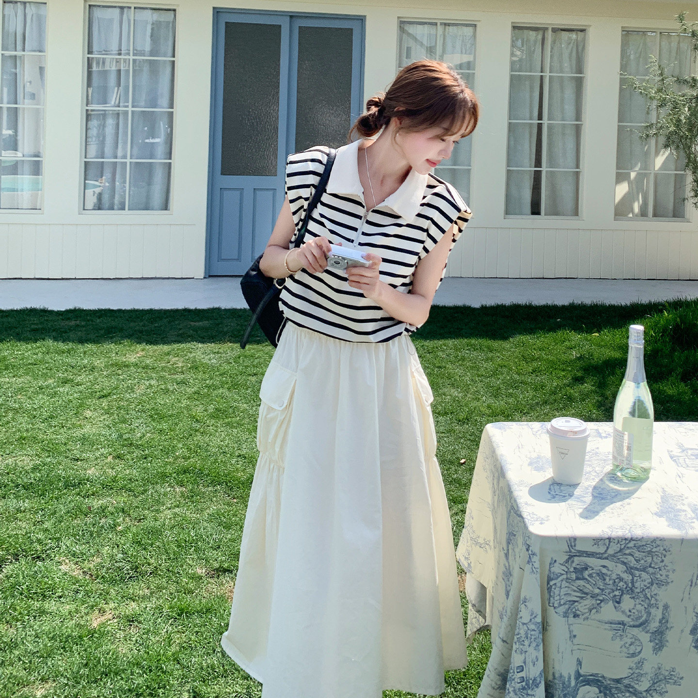 韩里韩气通勤穿搭套装女2026夏季新款Polo领条纹背心半身裙两件套