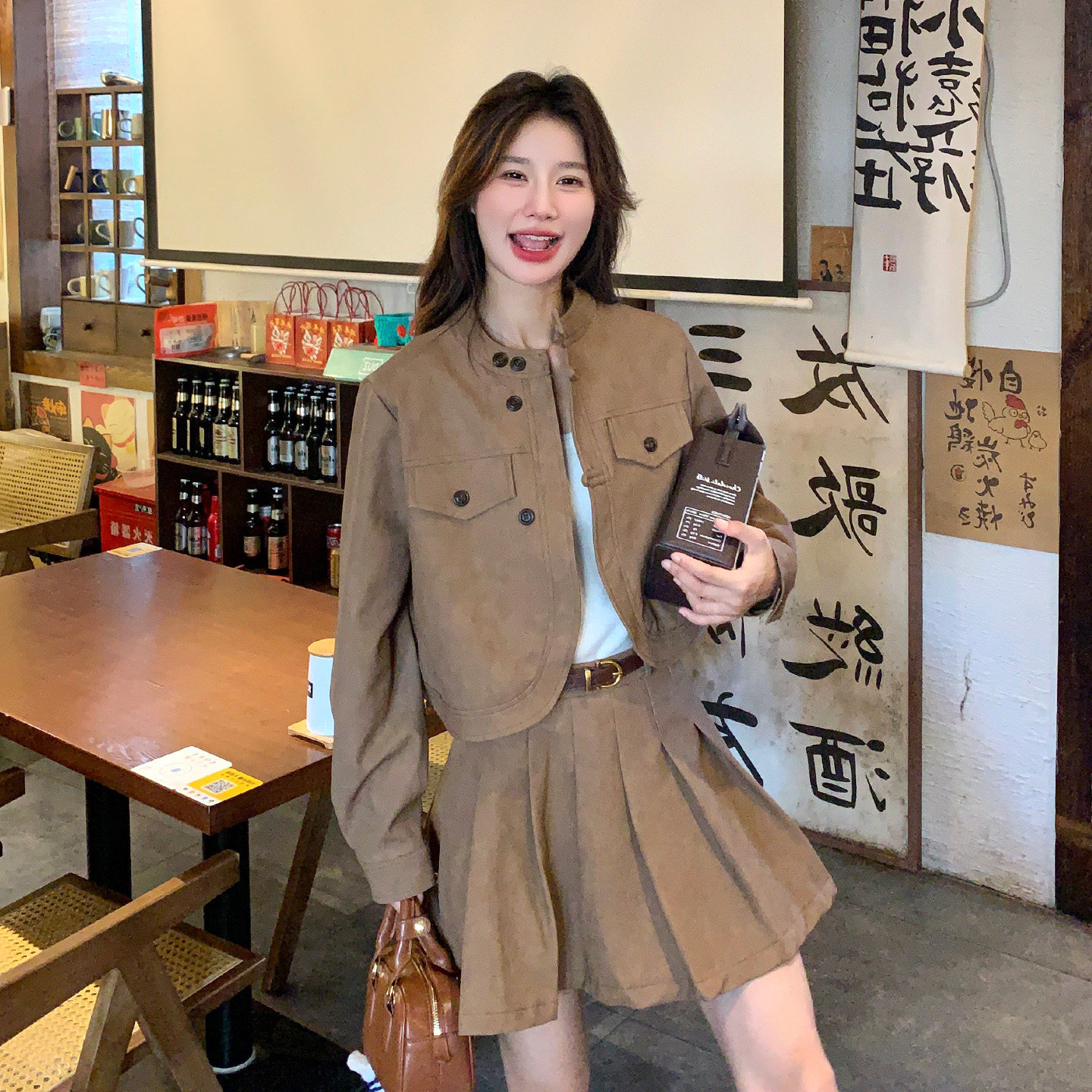 咖色工装夹克短裙两件套女春秋