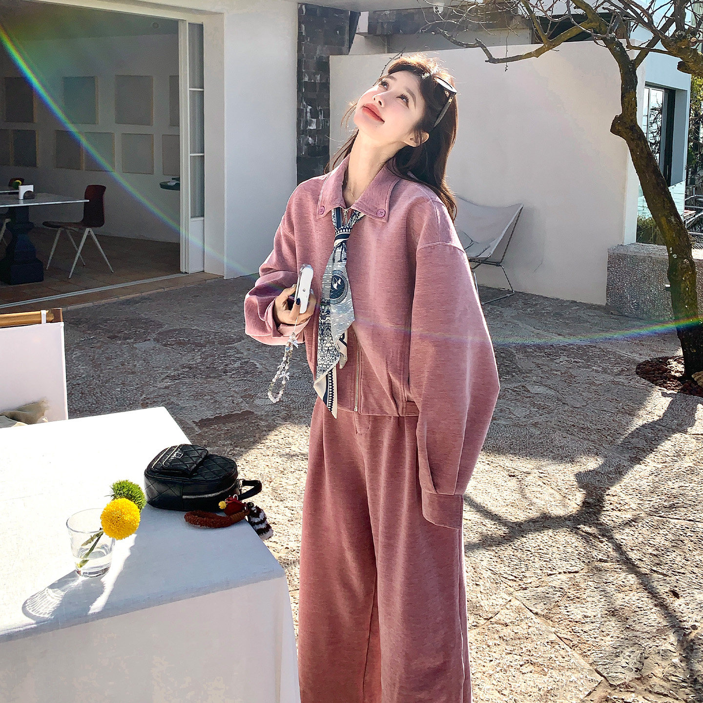 粉色松弛感休闲洋气套装女2026早春新款时尚翻领外套阔腿裤两件套