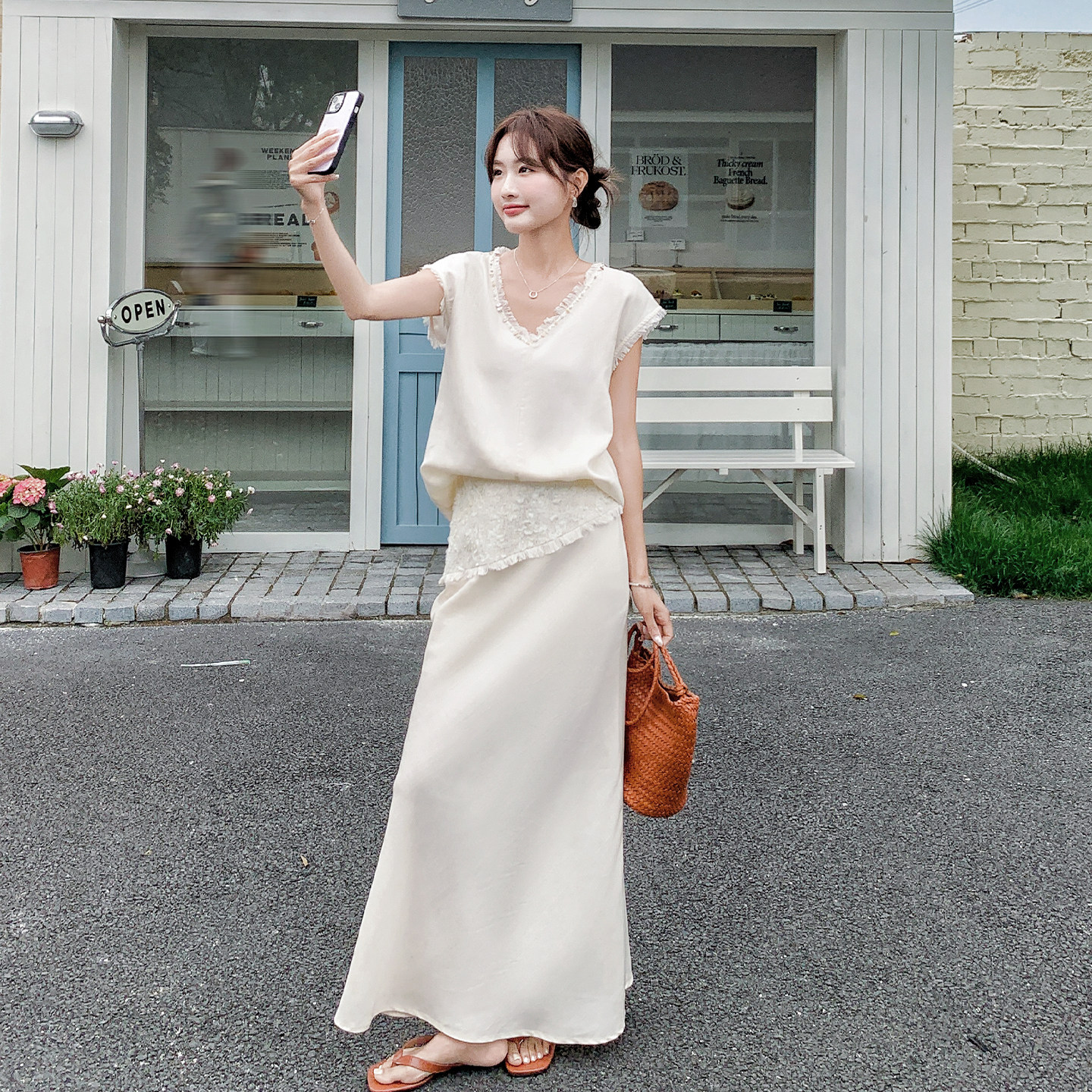 韩系轻奢高级感套装女2026新款毛边V领上衣高腰半身裙两件套夏日