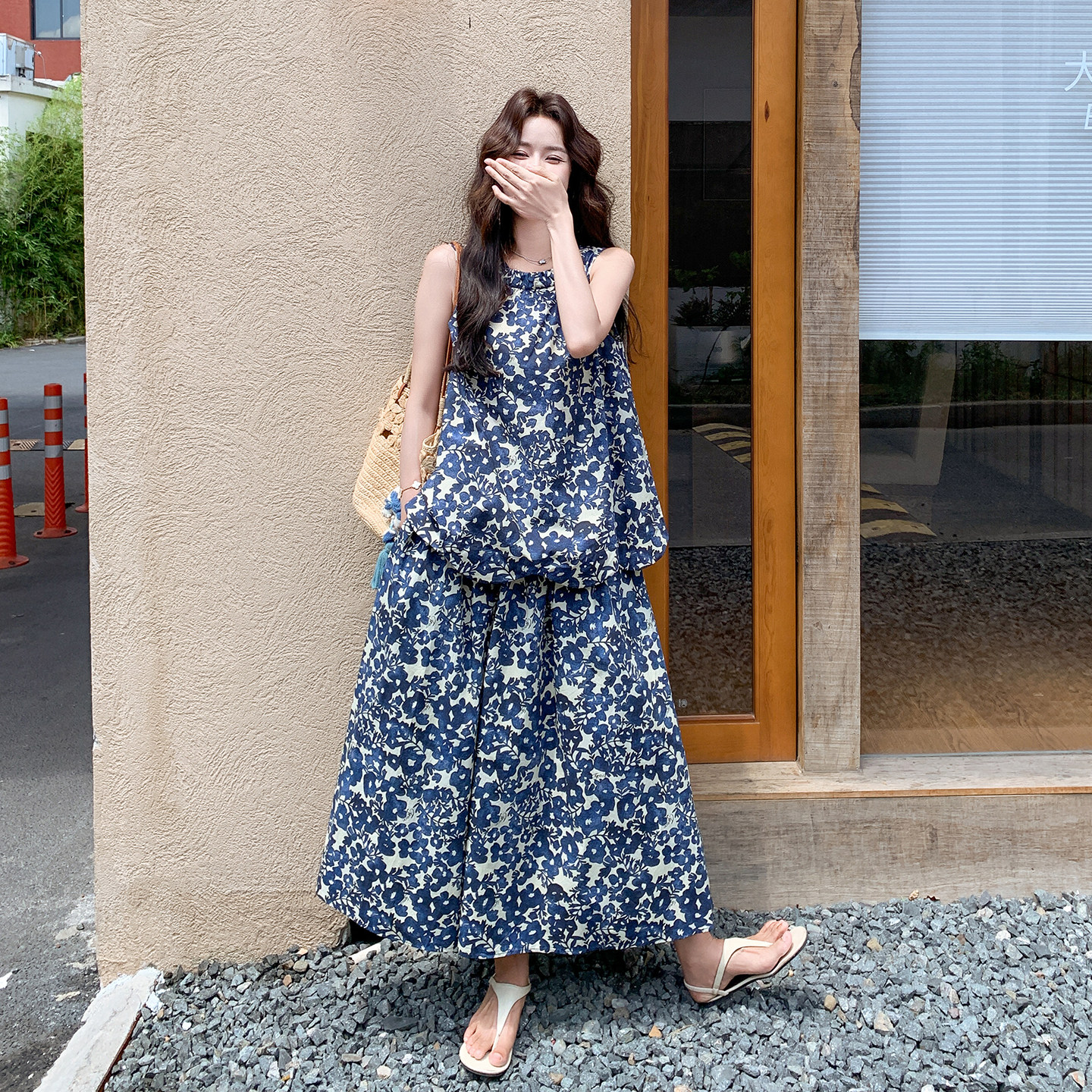 小众独特复古民族风印花套装女2026新款花边无袖上衣半身裙两件套