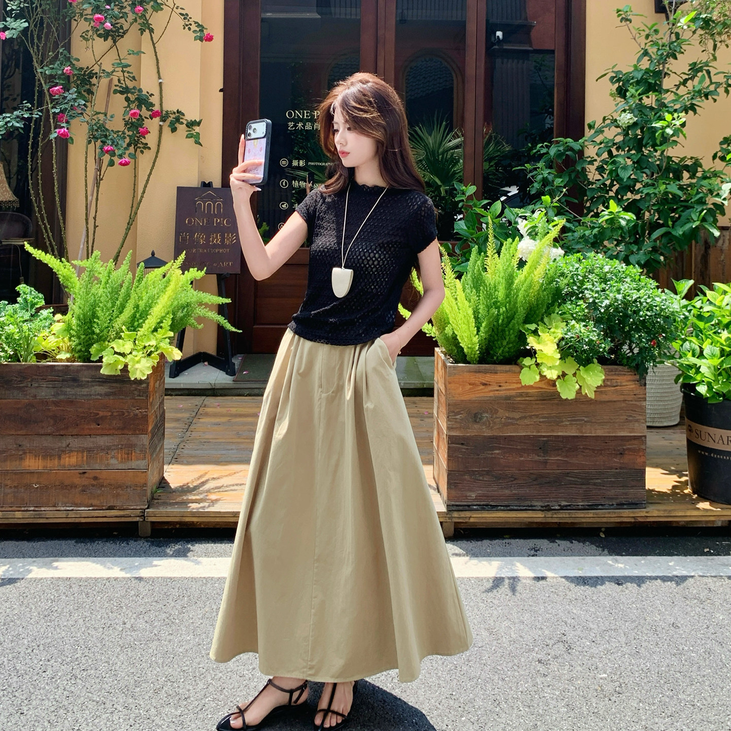 夏法式镂空短袖卡其裙两件套女