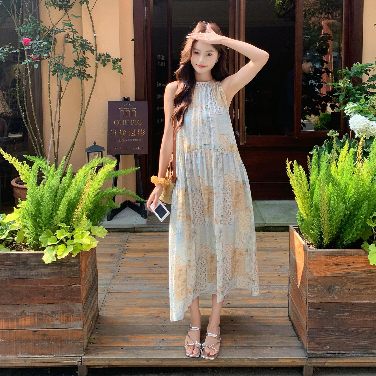 森系复古文艺风拼布印花无袖连衣裙2026新款夏日减龄少女感背心裙