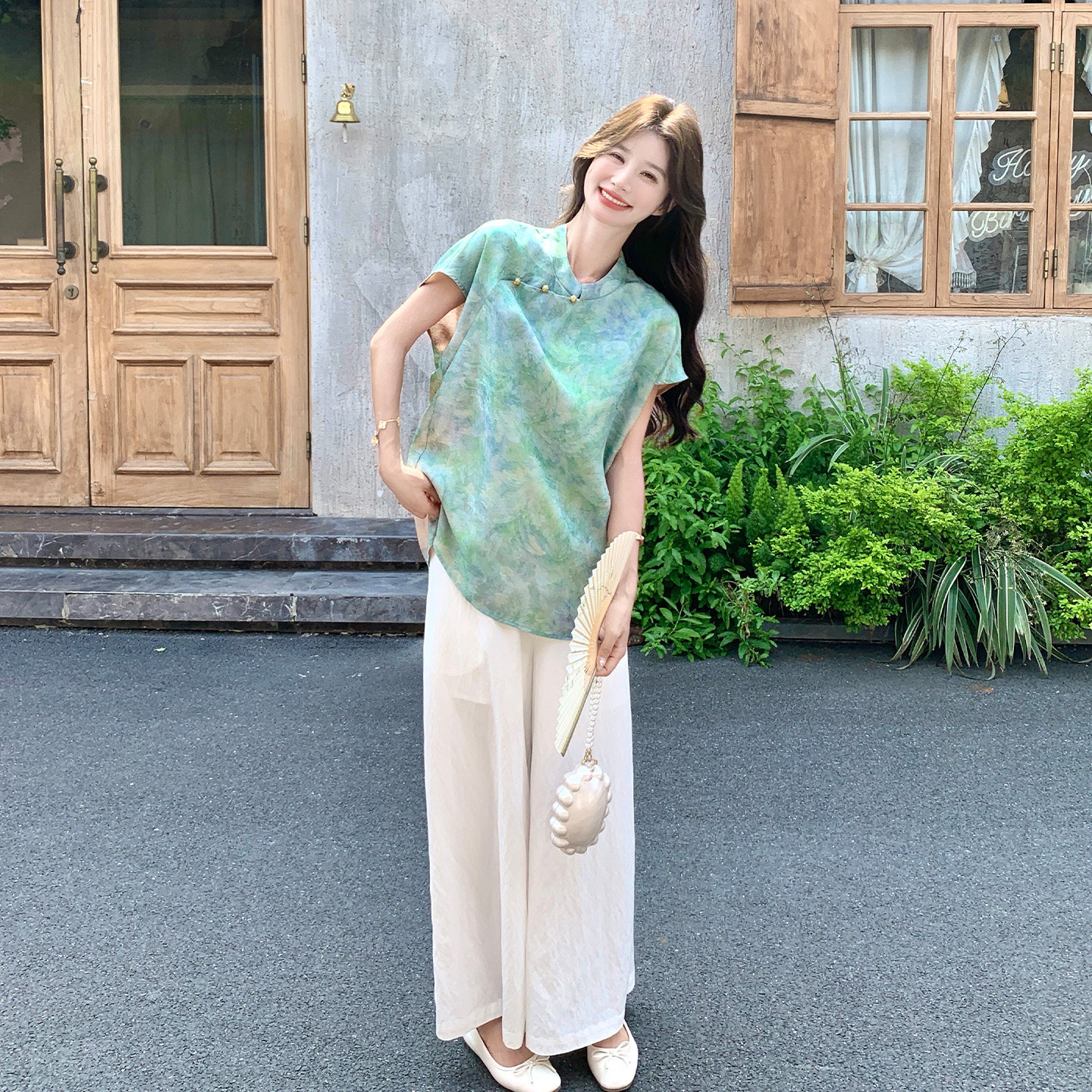 新中式绿色印花改良旗袍套装女夏