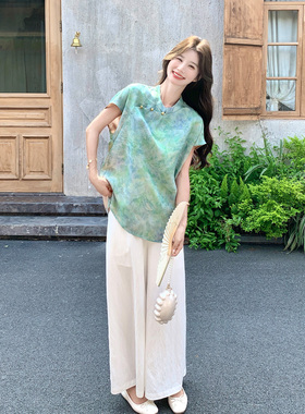 绿色清新优雅贵气感套装女2026新款夏日国风晕染上衣阔腿裤两件套