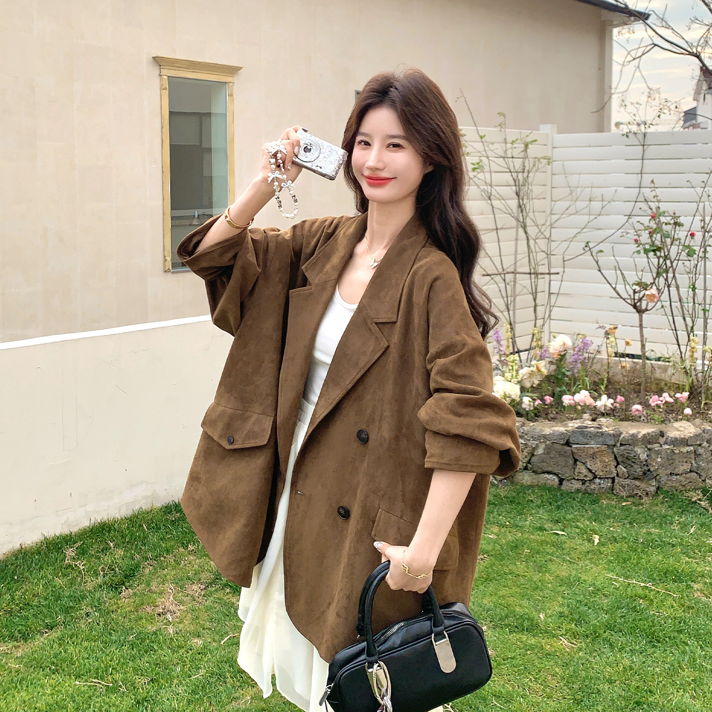 美拉德咖色复古高级感麂皮绒外套女2026春季新款宽松时尚休闲上衣