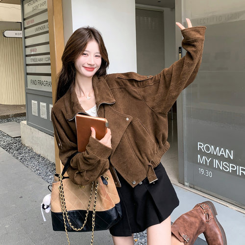 复古麂皮翻领酷飒短外套女