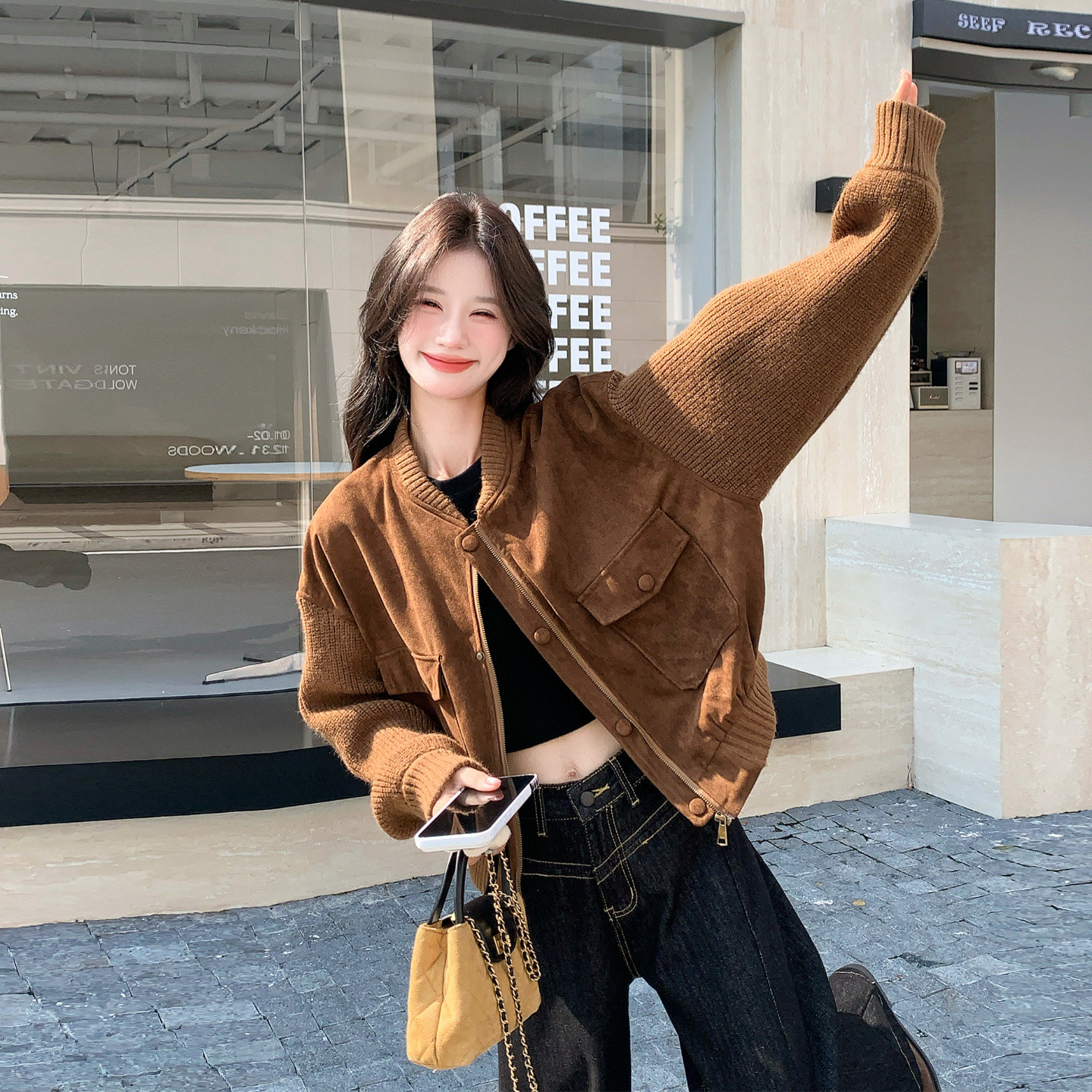 复古麂皮绒圆领宽松短外套女