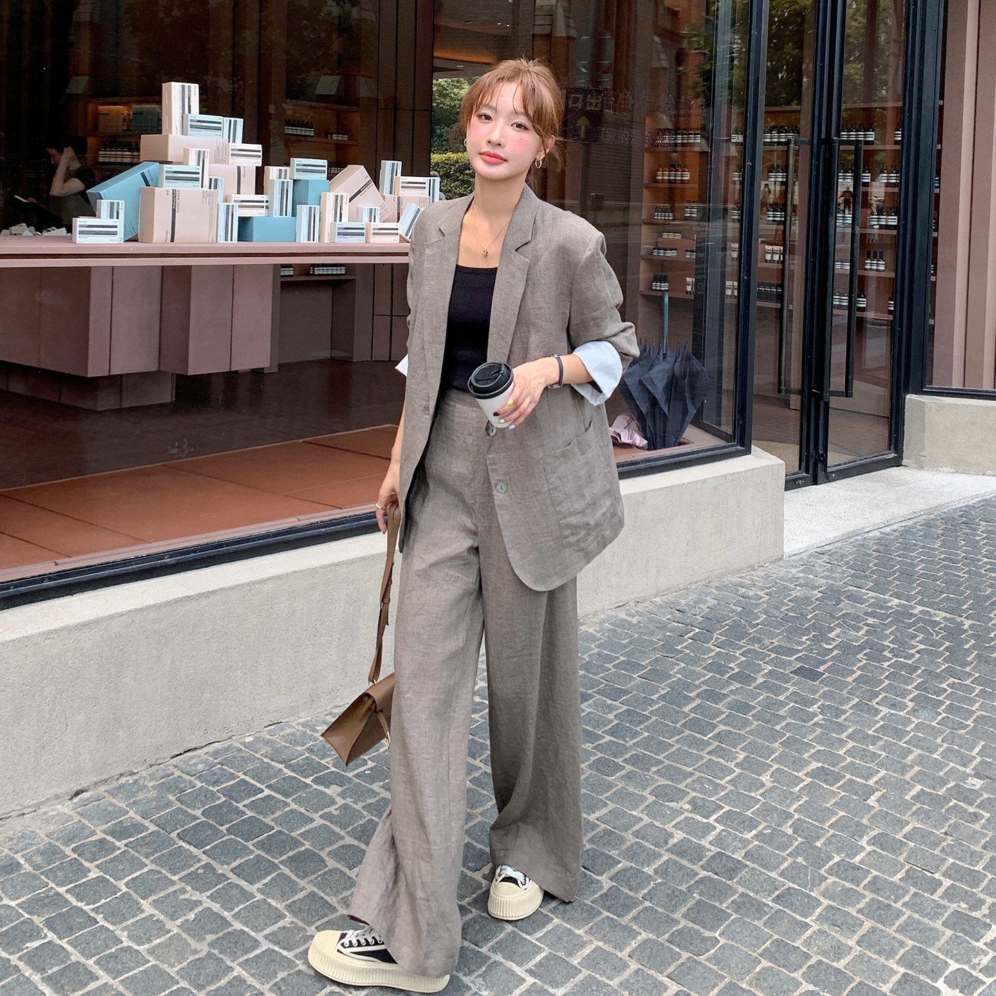 麻灰色韩系老钱风气质西服套装女2026春季高级感休闲阔腿裤两件套