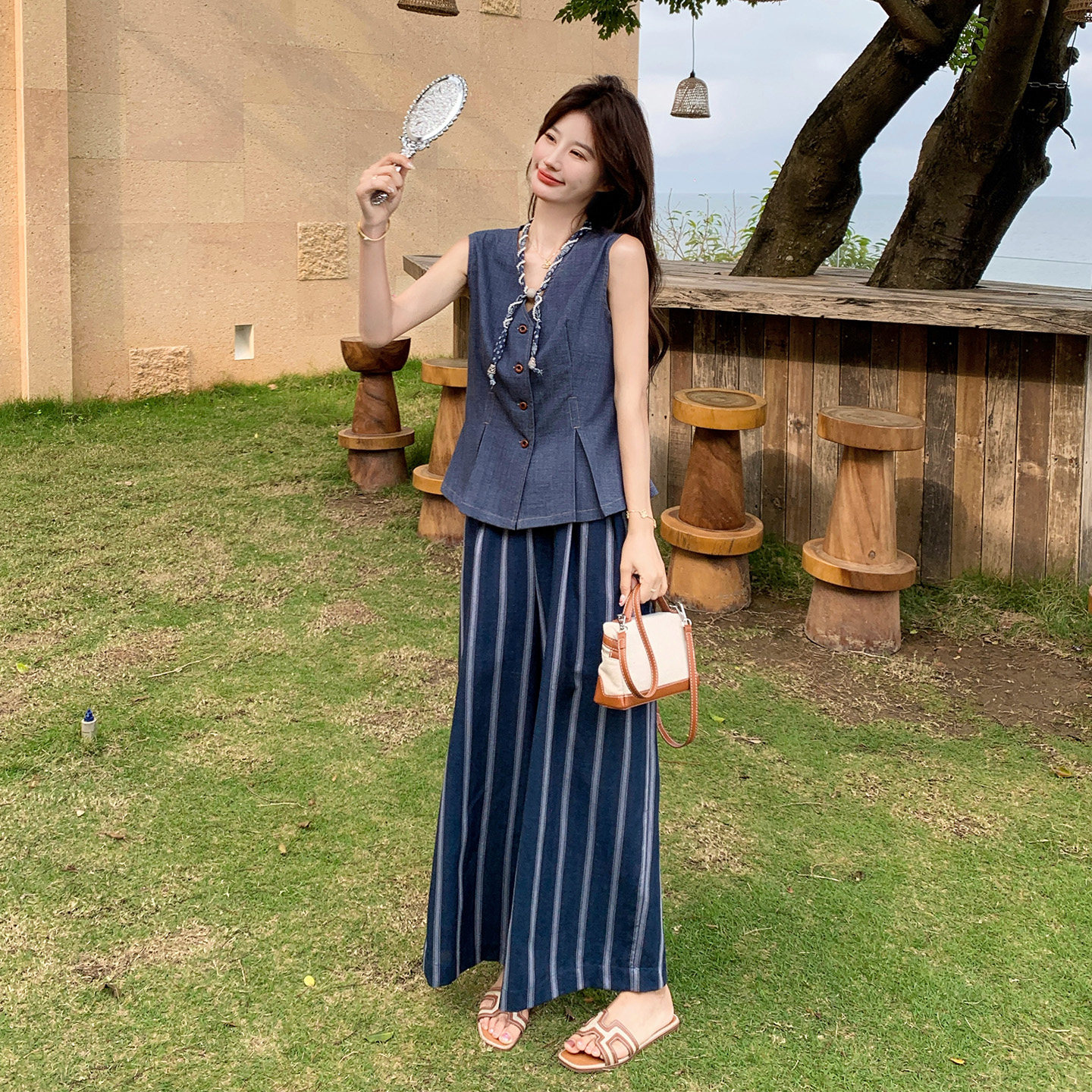 夏日盐系高知文艺风套装女2026新款气质无袖马甲条纹阔腿裤两件套