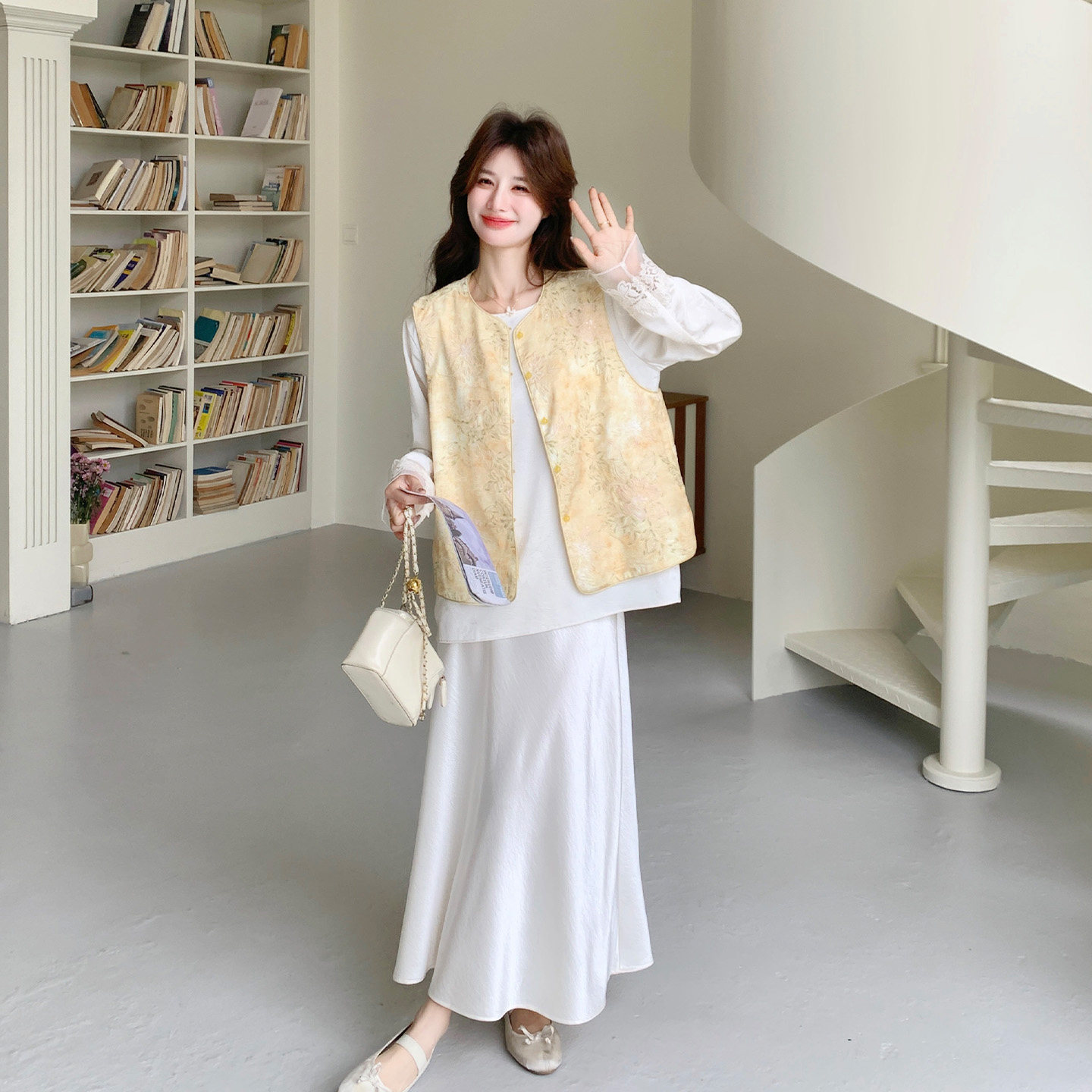 新中式印花马甲三件套女秋季