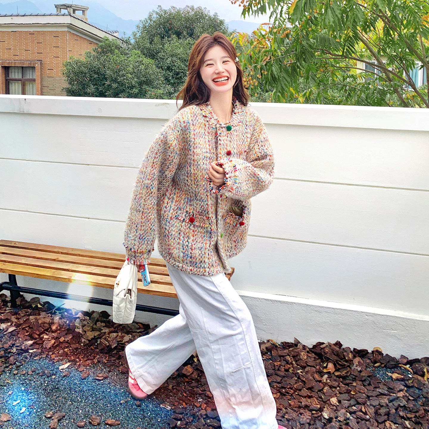 彩色编织粗花呢小香风短外套女2026春法式小个子甜美减龄圆领上衣