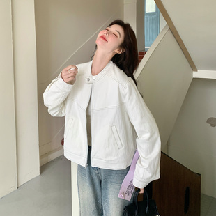 米白色小个子短款立领皮衣外套女2026春季高级感洋气减龄PU皮夹克