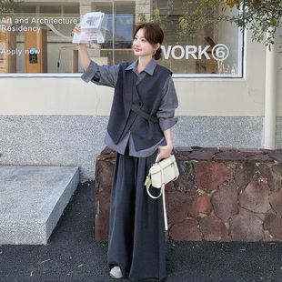 灰色韩系收腰马甲休闲套装女2026春季条纹Polo领衬衫阔腿裤三件套