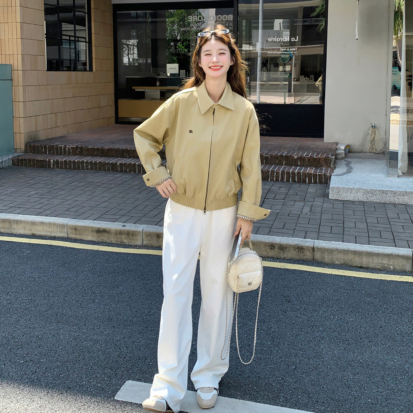 韩式休闲风黄色翻领短外套女