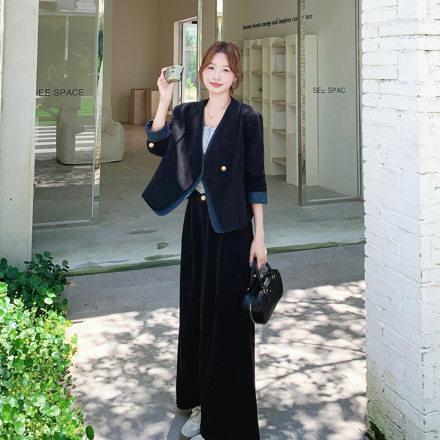 黑色西装套装女2026秋季阔腿裤