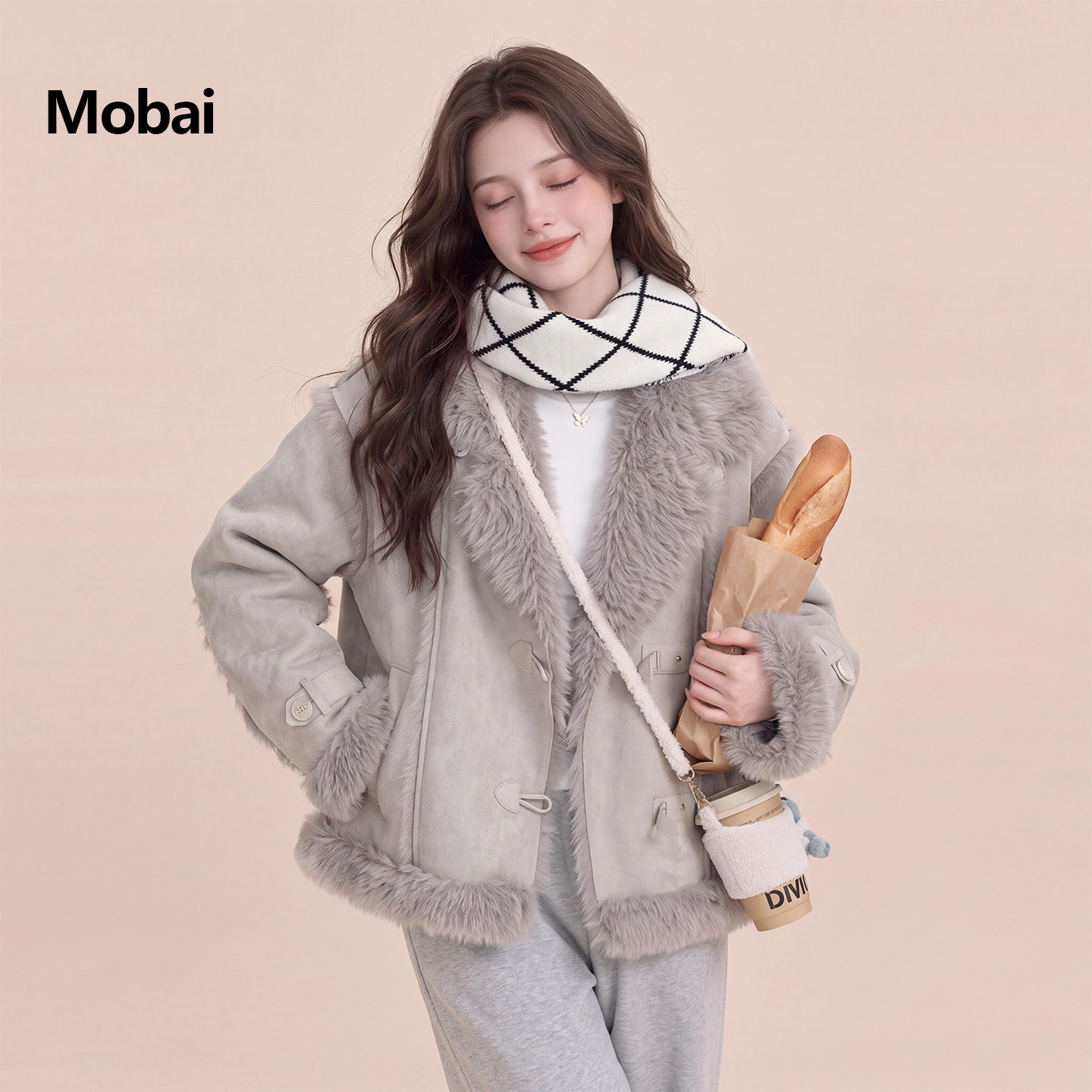皮毛一体加厚保暖短外套女