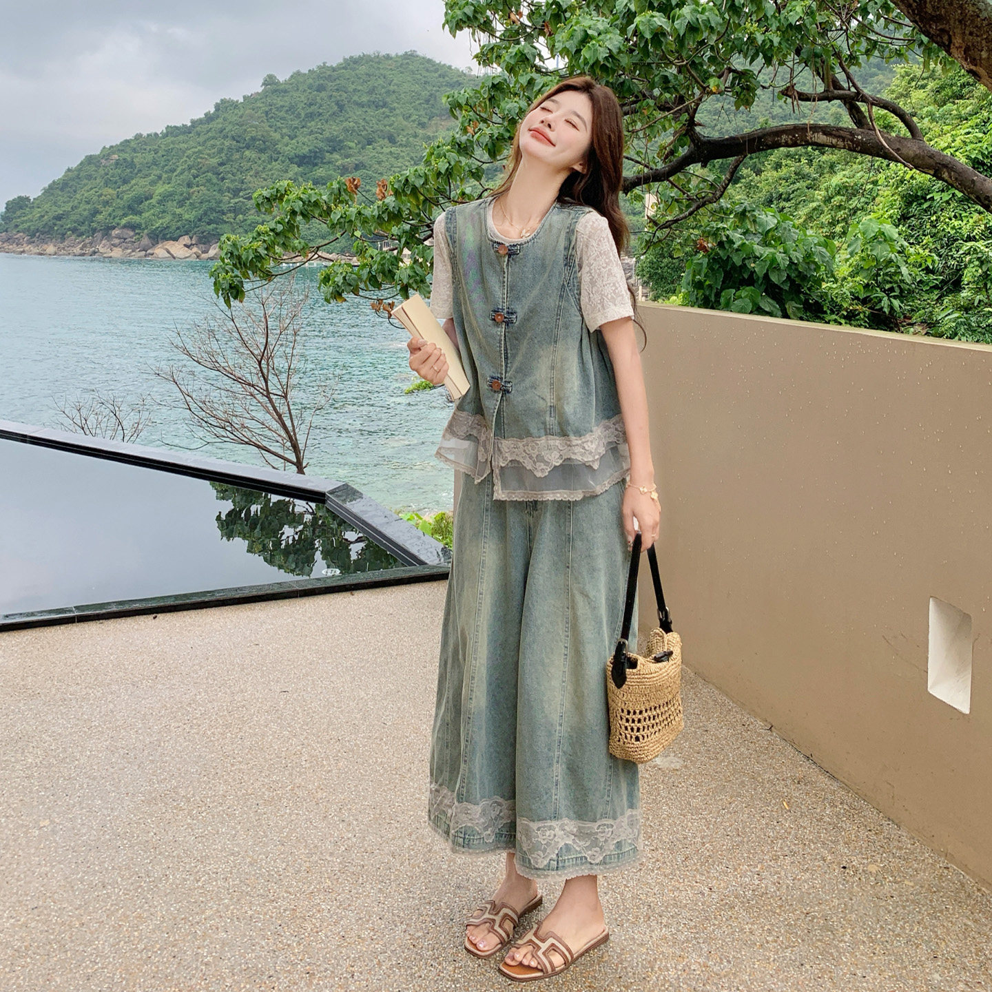 复古牛仔蕾丝马甲三件套女夏季
