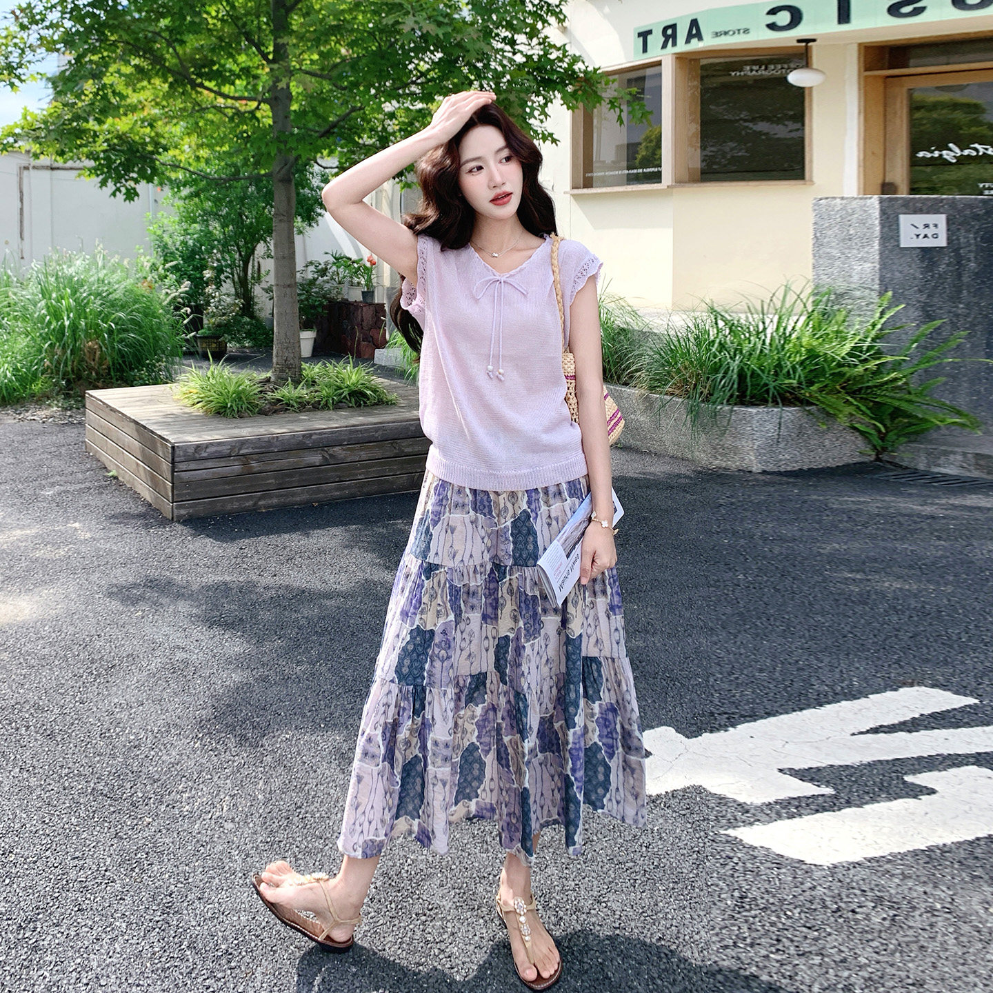 夏季针织衫印花半身裙两件套