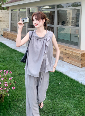 浅灰色超好看松弛感两件套女2026夏新款法式荷叶边背心阔腿裤套装
