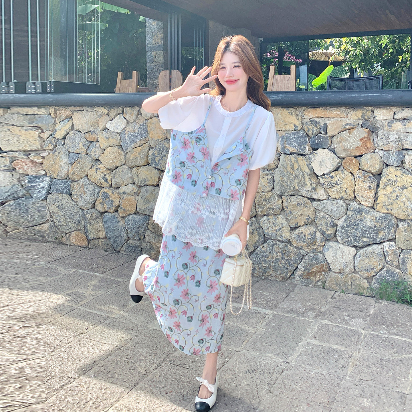 法式田园风碎花假两件套装女