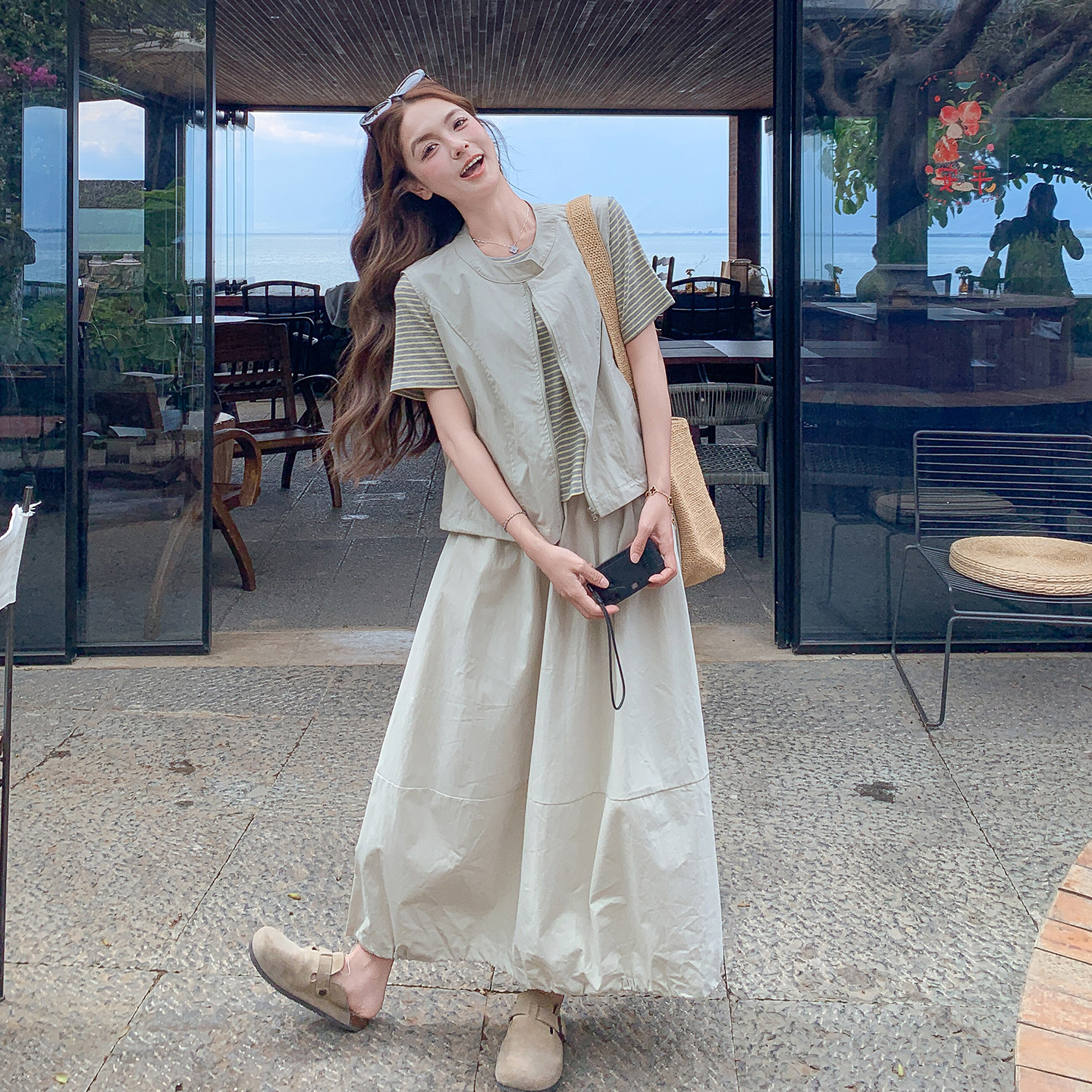 韩版休闲工装风立领马甲套装女夏日条纹内搭半身裙三件套2026新款