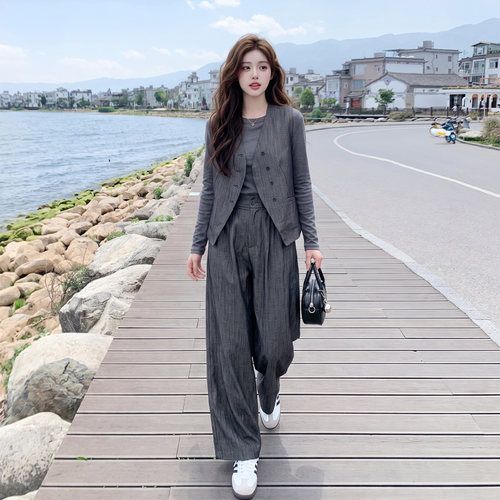 秋季韩系西装马甲阔腿裤三件套女