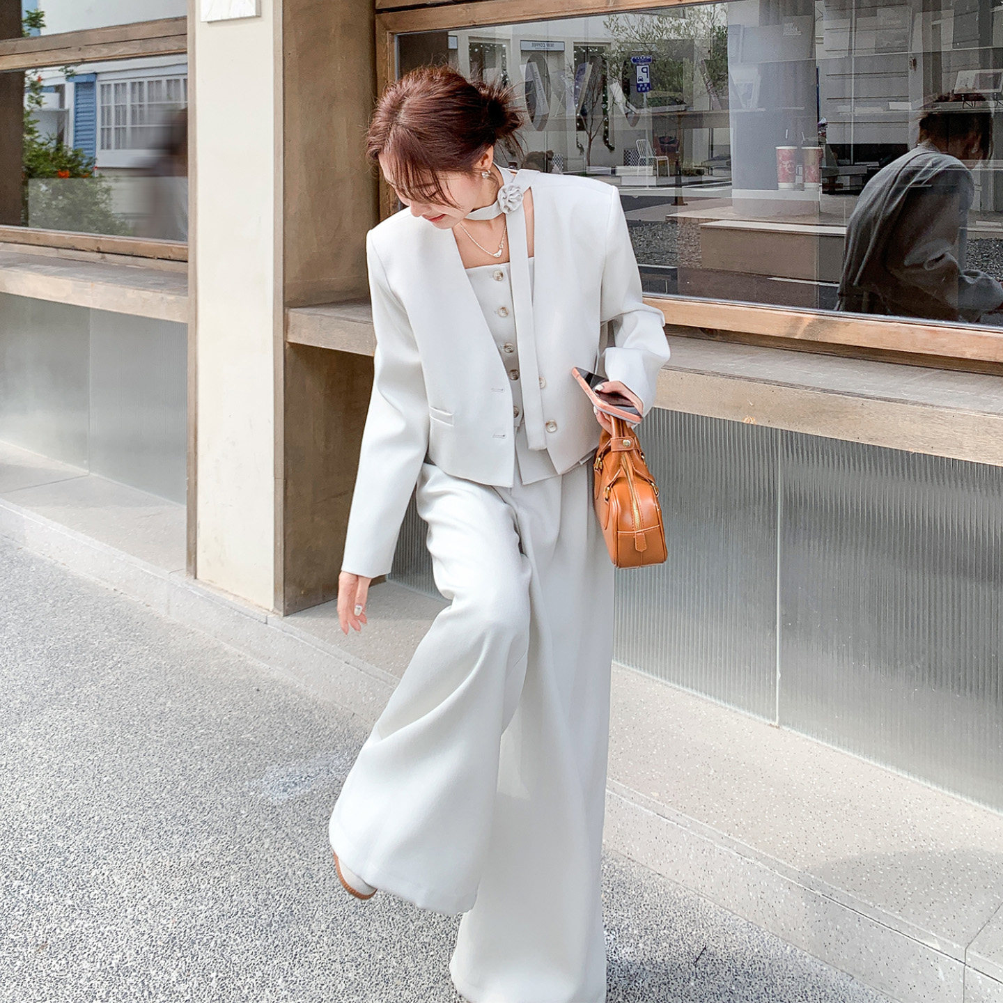 高级感优雅气质套装女2026早春新款V领西装花边吊带休闲裤三件套