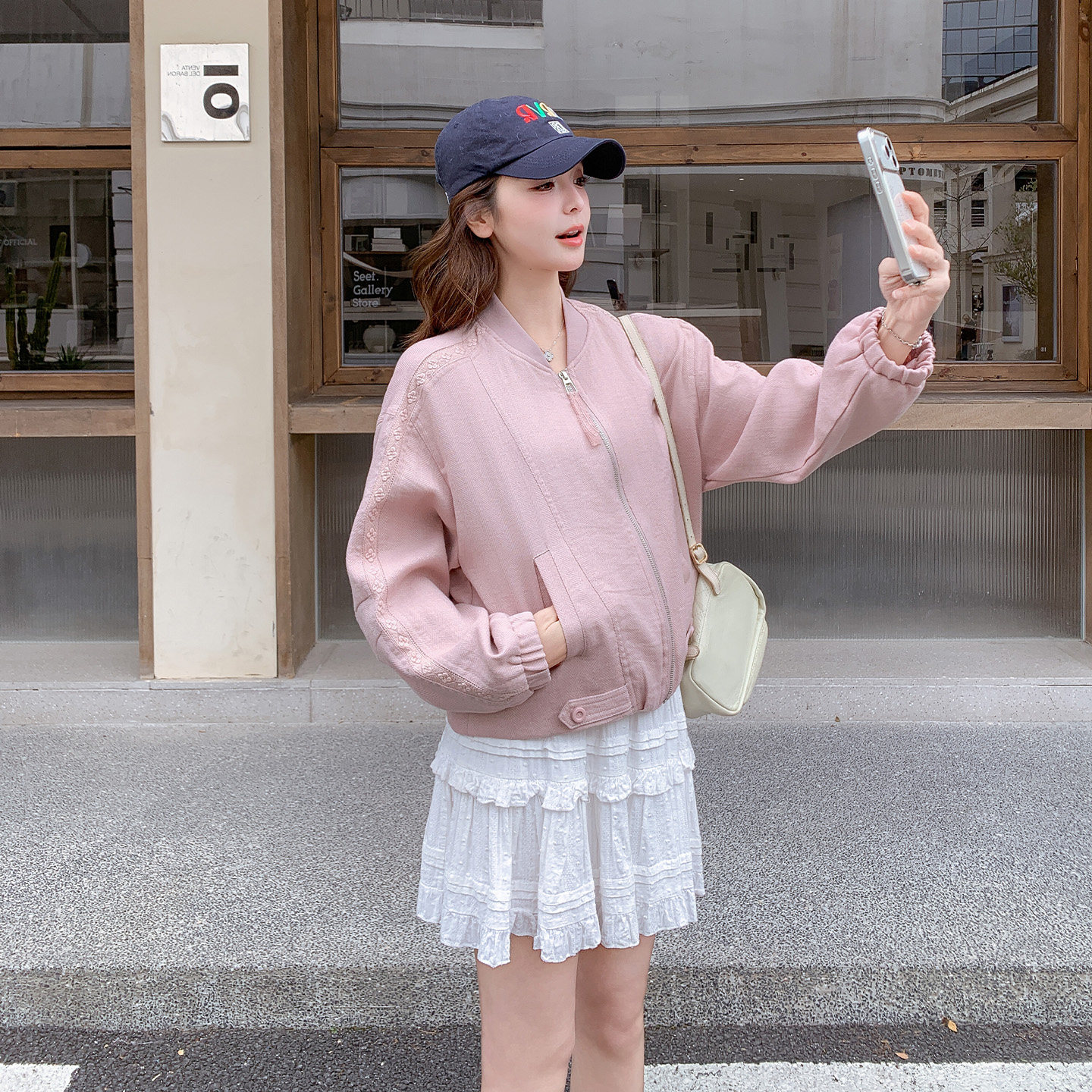 甜美风粉色立领短外套女春