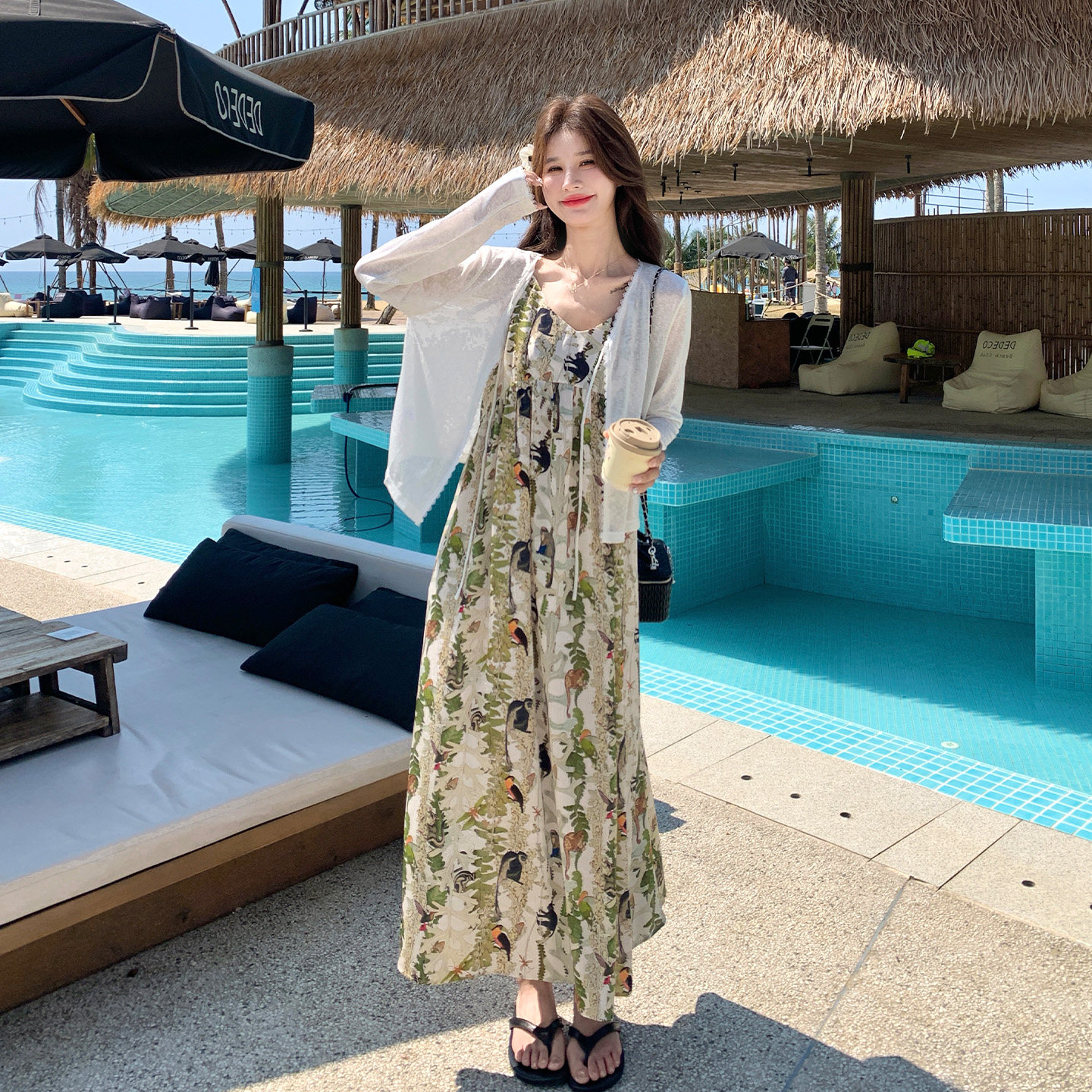 海岛绝美度假风印花吊带连衣裙套装女针织开衫两件套2026夏日新款