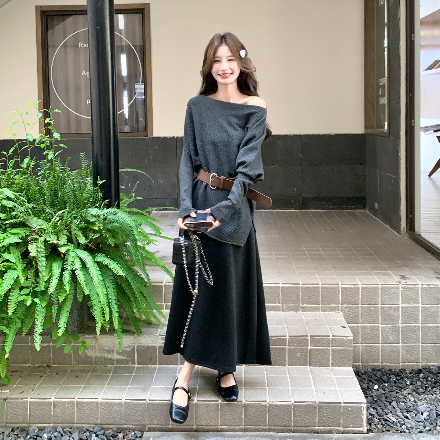 法式慵懒针织披肩半身裙套装女