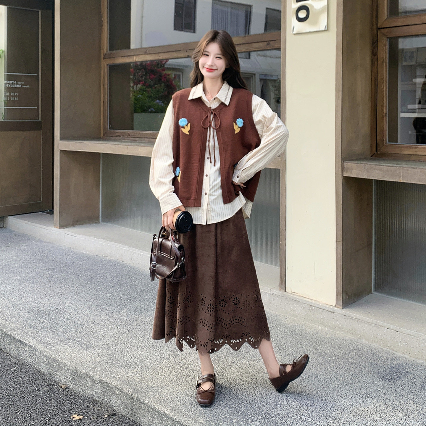 早秋韩系学院风针织马甲两件套女